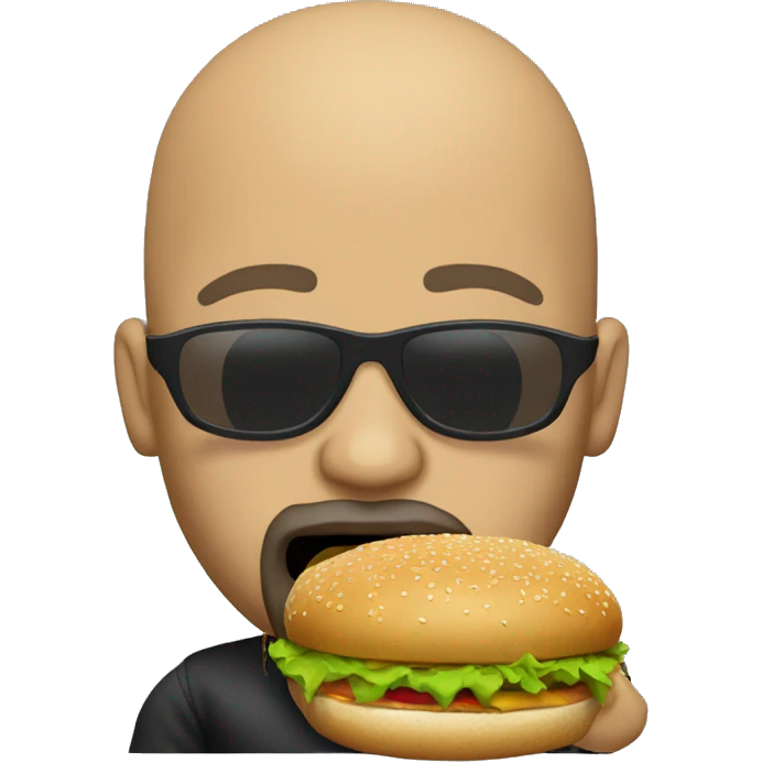 Bald man with sunglasses, beard & gold chain eating a hamburger emoji