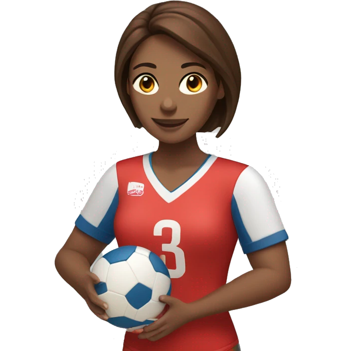 Woman with red jersey and brown hair holding a volleyball in her hands emoji