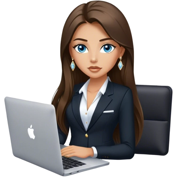 Model sexy tanned beautiful girl with pump nude lips and brunette straight long hair, straight hair parting, blue eyes with MacBook and black, black suit vest, V-neck, and white gold stud earrings with small diamond emoji