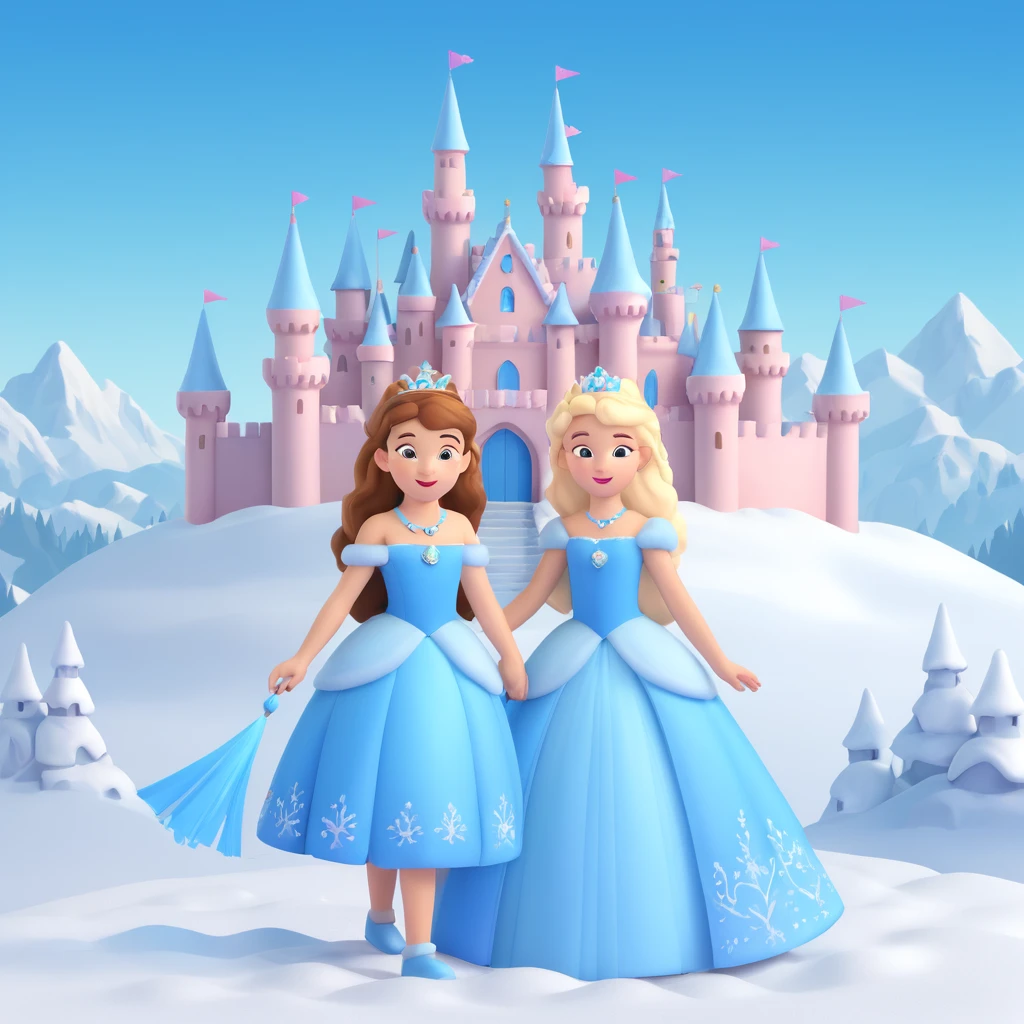 girls in a  snow princess dress, snow castle background emoji