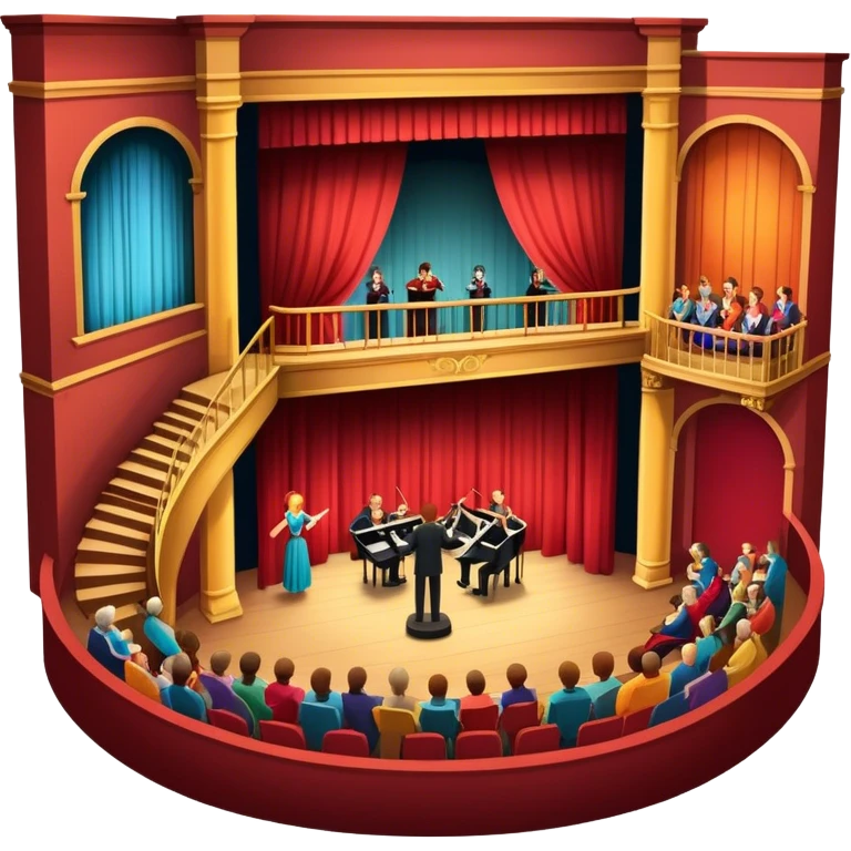An icon depicting a theater stage with actors performing a play, illuminated by dramatic lighting. The audience watches from colorful balconies, while an orchestra plays in the pit, creating an immersive atmosphere. transparent background. emoji