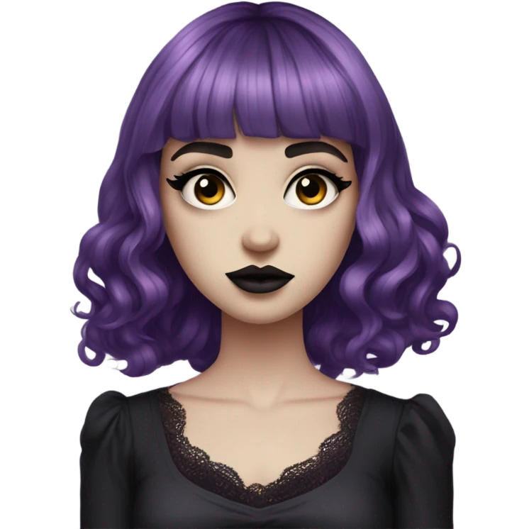 one single alt women, purple hair, wavy hair, medium hair, short bangs, dark makeup, dark pink lips, gothic detailed strap dress, white skin  emoji