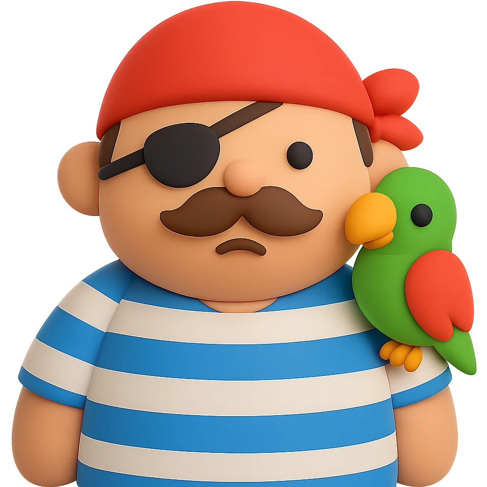 A chubby pirate character with bandana, striped shirt, and parrot on shoulder emoji