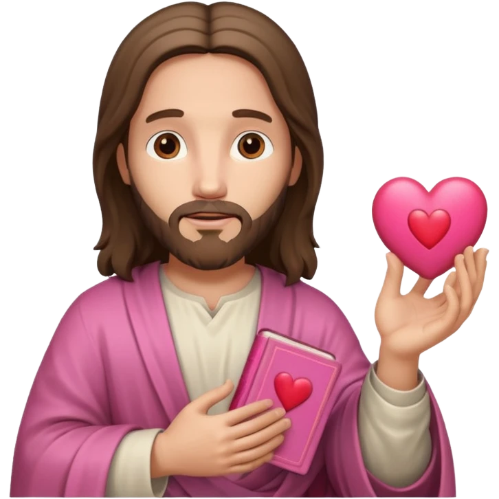 Jesus with a pink bible and a heart emoji