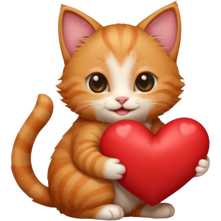 The ginger kitten is hugging a heart, very happy and smiling, he has a very beautiful face. emoji