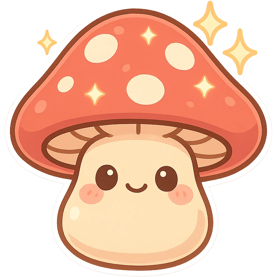 Sparkling chibi sticker mushroom, cute and exaggerated emoji