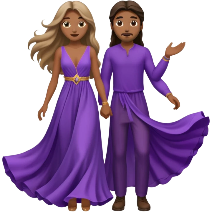 A couple in same outfit female with long hair and purple dress emoji
