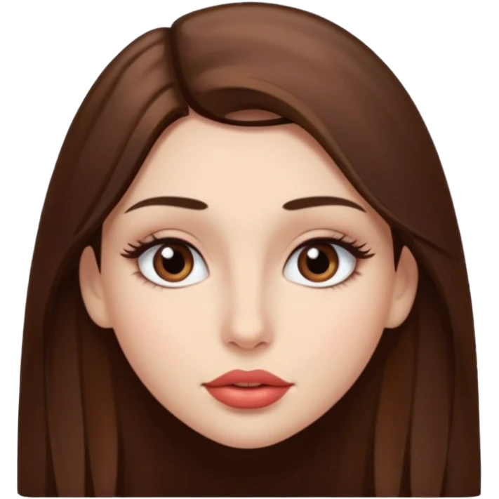 Una chica con piel muy clarita con pleo liso largo de color castaño y unos ojos marrones oscuro y labios grandes y nariz bonita y con unas pestañas emoji