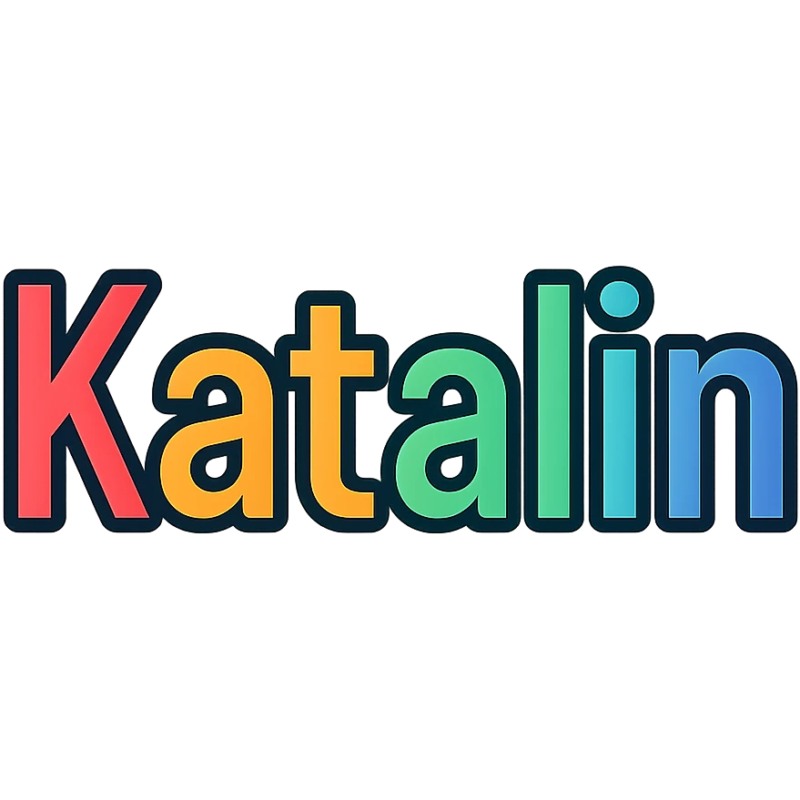 Katalin name in colorful gradient modern font with dark outline, transparent background, in the style of sample images emoji