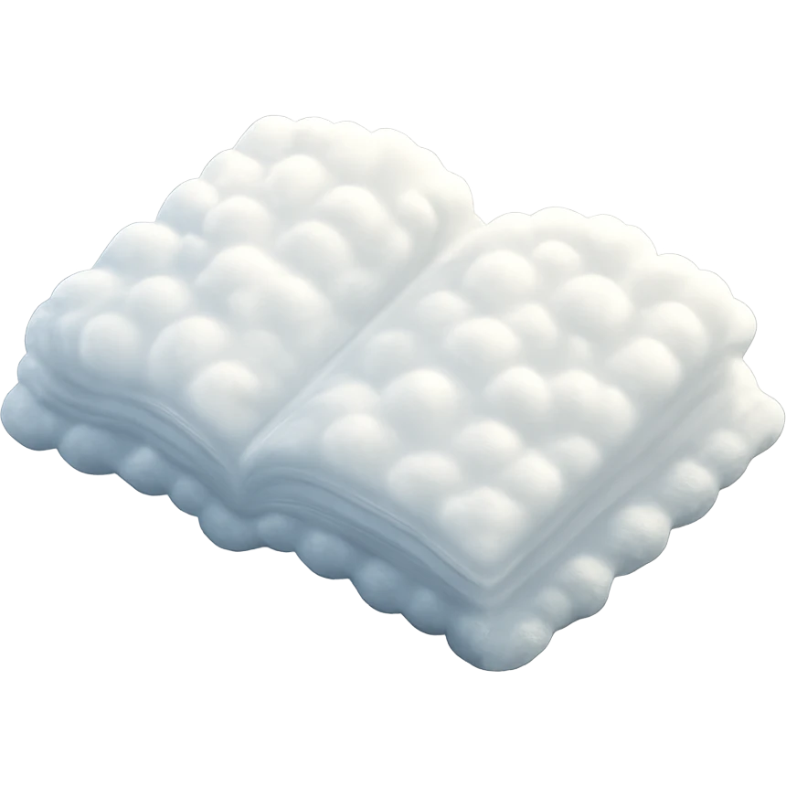thick open book viewed from above, made entirely of small very bright white fluffy convex clouds, matte glass style, emphasis on volume and airiness, no background emoji