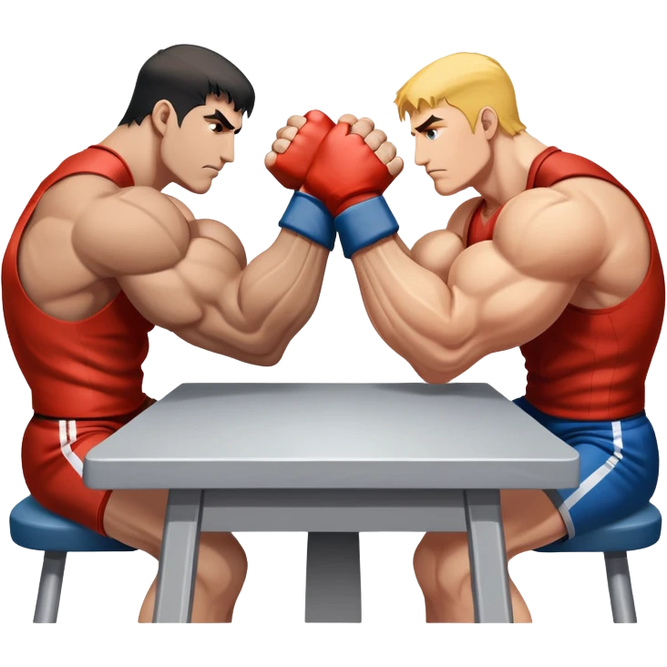 Two powerful arms locked in an intense arm wrestling competition. One arm is strong and steady, while the other strains to push back. The background shows a simple table with a focus on the clash of strength and determination. Transparent background. emoji