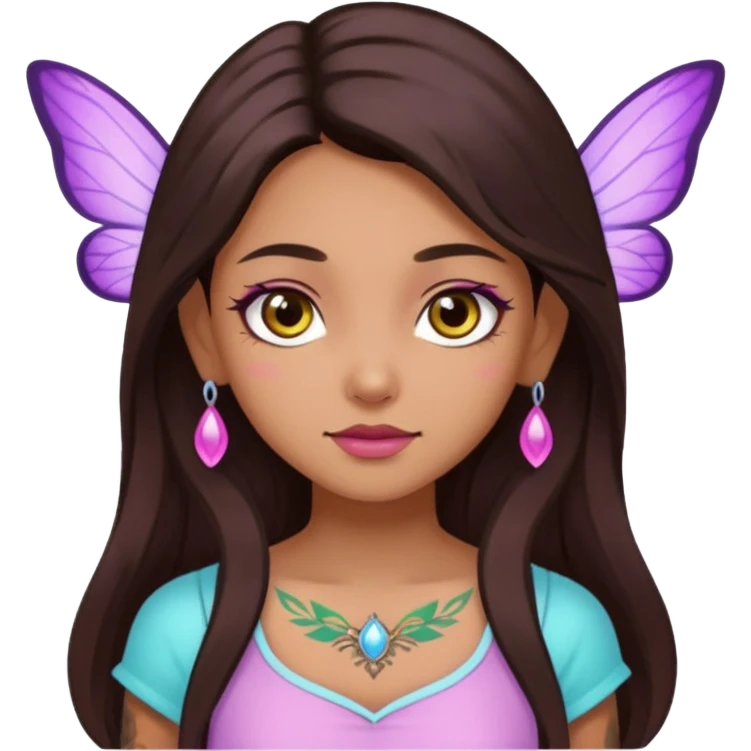 Earthreal sparkly angelic mystical magical shiny pretty Fairy. Dark Brown eyes, Caramel skin, Long dark brown hair. White, hot pink and light blue and lavender, light green, light yellow . Tattoos emoji