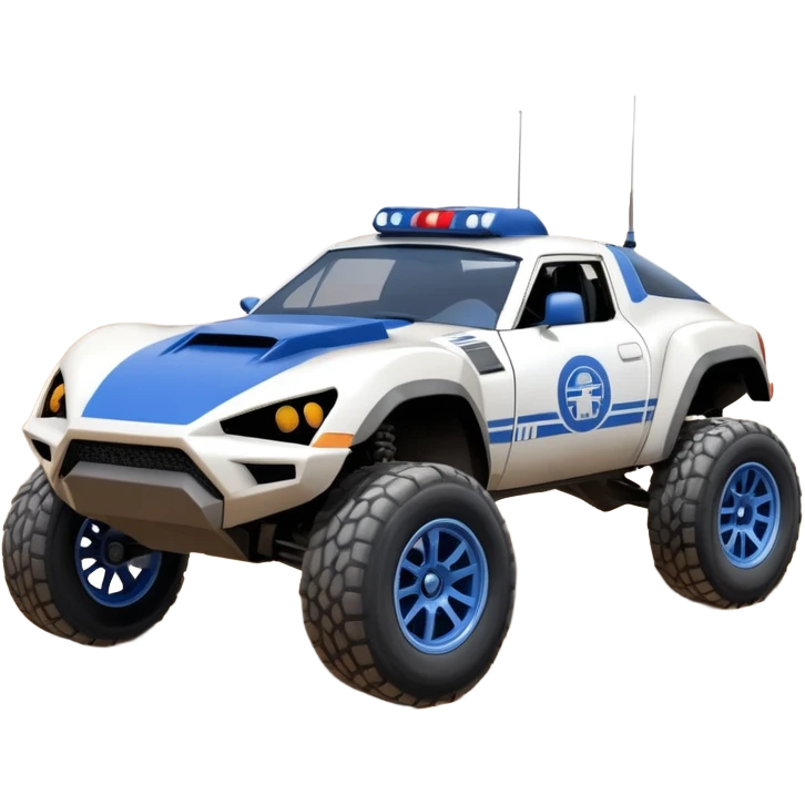 Star Wars storm trooper evil darkly night blue Dirty and dented Local Motors Rally Fighter off road race car hot rod meets 2013 Toyota 86 trophy truck-style basher flying on a dusty road (silver wheels) emoji