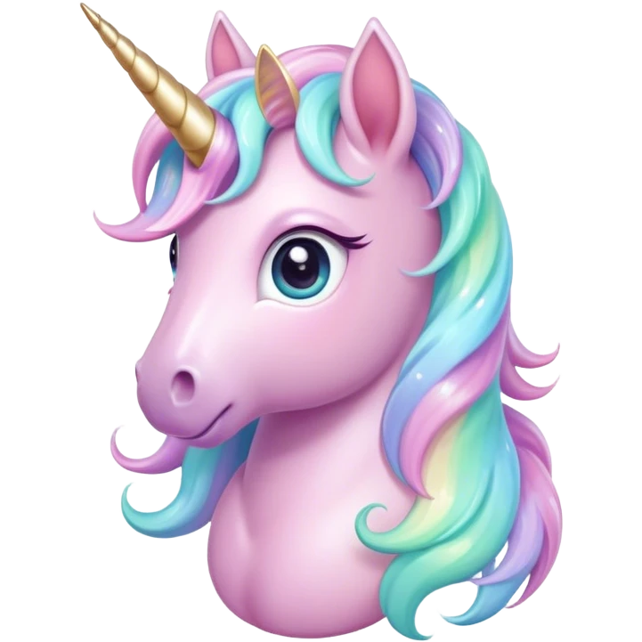 Cinematic pastel-colored unicorn, flowing iridescent mane, big sparkling eyes, tiny rounded hooves, soft chubby cheeks, delicate magical glow surrounding, enchanting and dreamy. emoji