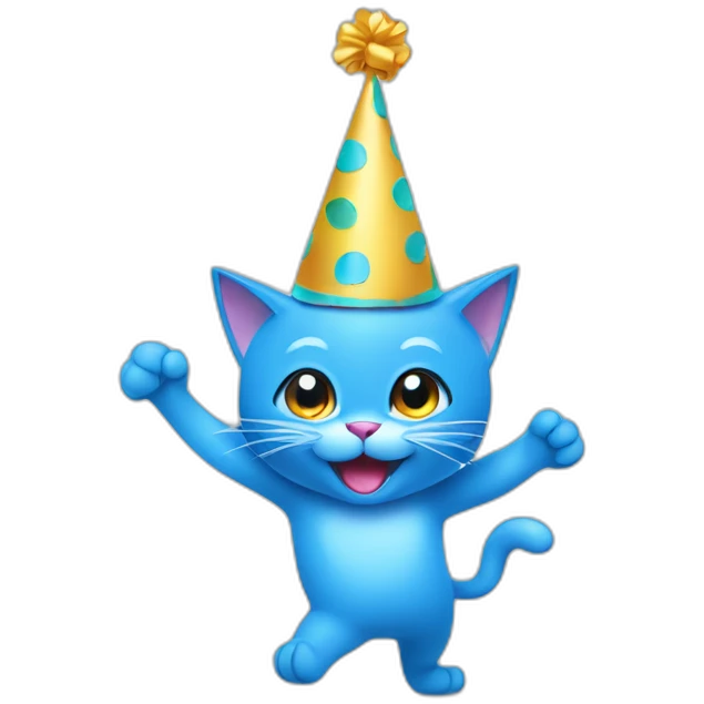 blue dancing cat with a party hat as outline illustration emoji