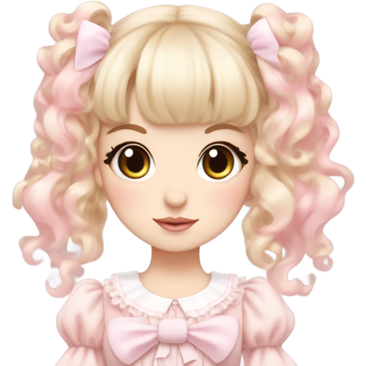 pale girl , who has curly medium length blonde and baby pink swirled hair with bangs , grey eyes , and doll like makeup , in a light pink lolita hime gyaru dress  emoji