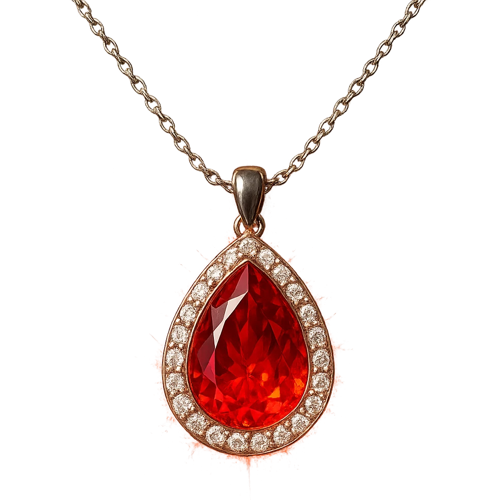 A teardrop-shaped ruby pendant cradled in a delicate silver chain, haloed by shimmering white stones, glowing with fiery red light emoji