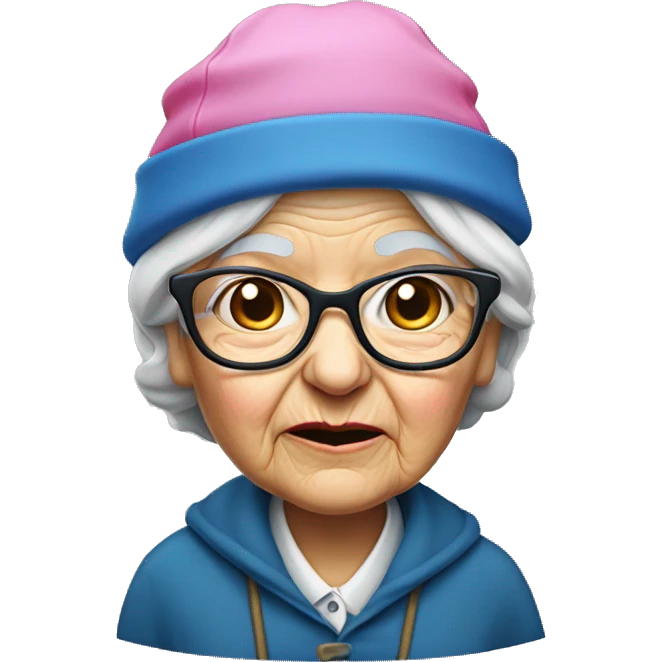 old lady hunched with a pink beanie and a blue coat, a cane and thin rectangular glasses, with a missing tooth emoji