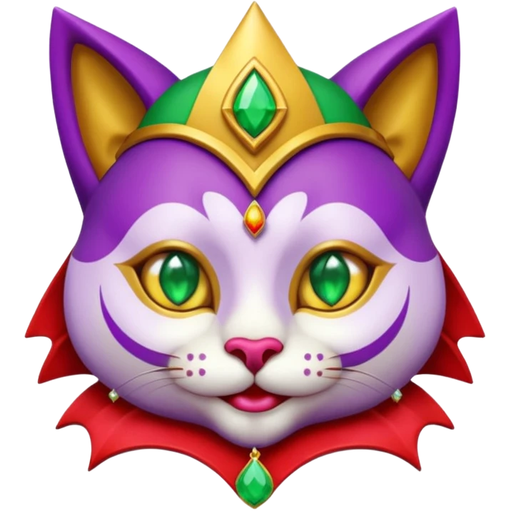 crazy colorful cute little cat jolly joker from poker, medieval, vintage, court jester, mac os icon, purple, gold and red color, half body, emerald green ice eyes, golden earrings. Squared shape as 3D mac os icon, symmetrical emoji