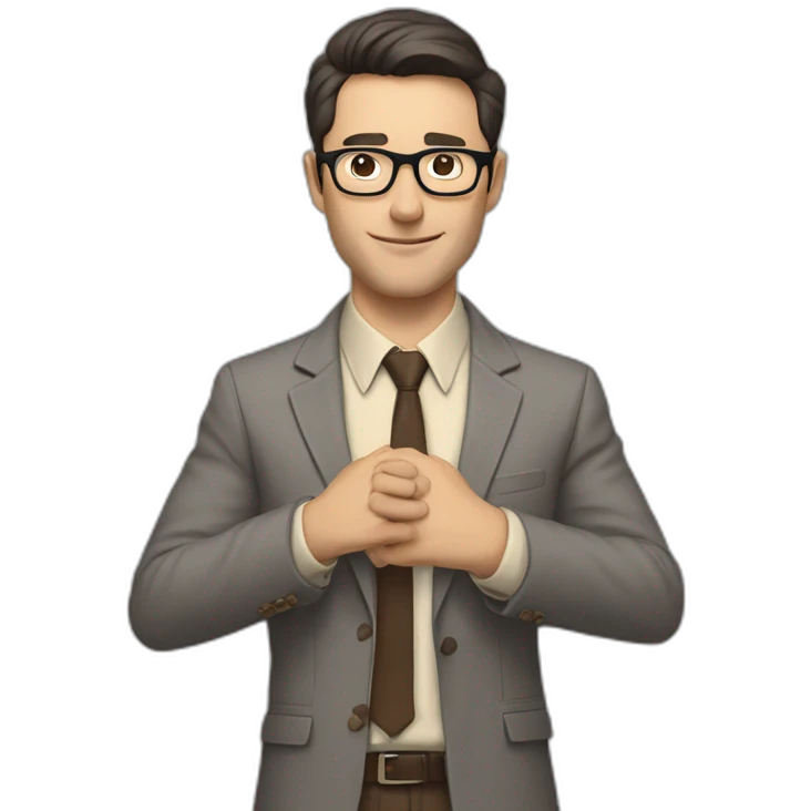 To belt Actively gesturing with hands Pale skinned fit man with dark brown hair in gray jacket, beige office shirt, brown tie, brown pants and vintage glasses. emoji