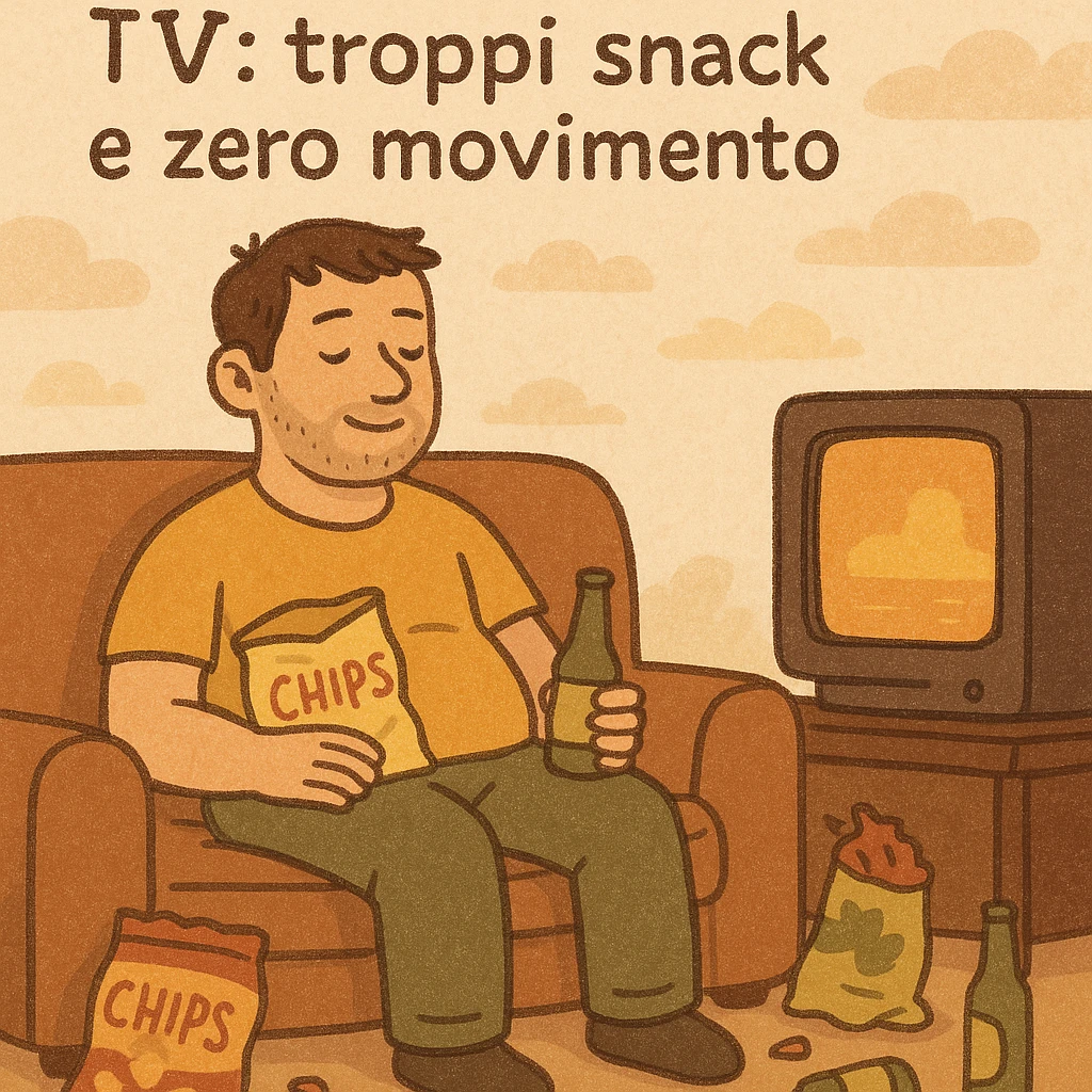 Uomo di 30 anni seduto sul divano, circondato da pacchetti vuoti di patatine, birra e snack, TV accesa su un programma serale, testo in italiano: “Serate davanti alla TV: troppi snack e zero movimento”. emoji