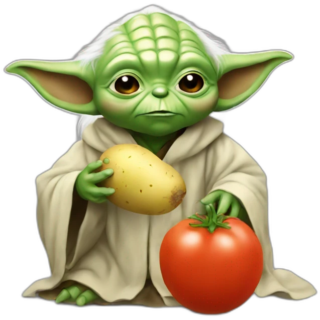 Yoda eating potato on a Tomate emoji