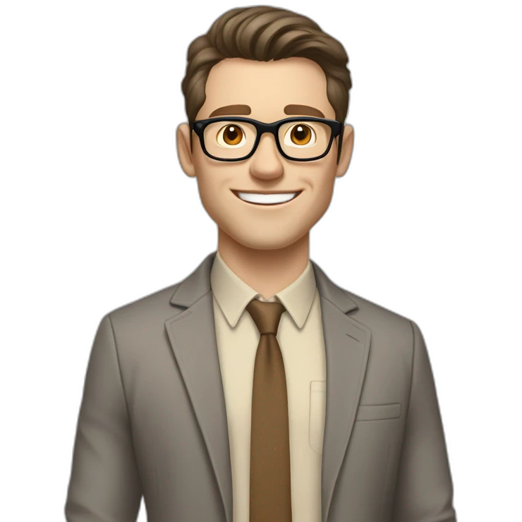 Joyful Pale skinned Fit Man With dark brown hair in gray jacket, beige office shirt, Brown pants and vintage glasses. His thrumbs up emoji