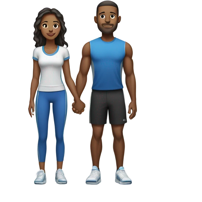 Emoji of a sporty couple, a man and a woman in athletic outfits, standing together in full body, holding hands, with Valentine's D emoji
