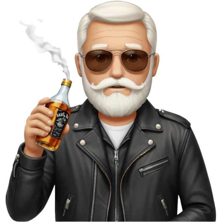 Un motero de barba blanca, gafas oscuras chupa de cuero y bebiendo de una botella de Jack Daniel's. emoji