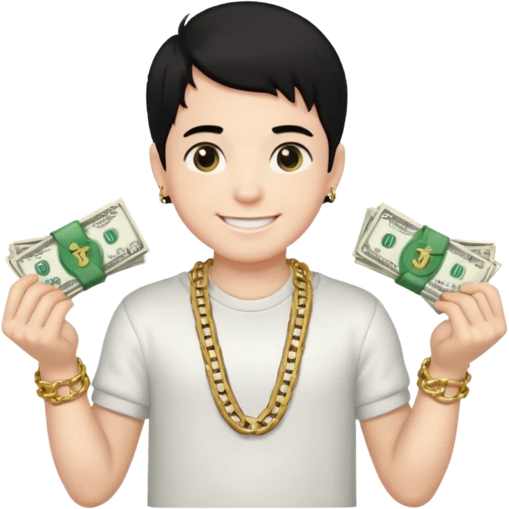 Has un chico con mucha plata en sus manos y en su alrededor, Con una cadena que diga "JovenBallin" y que tenga pelo negro y sea piel blanca emoji