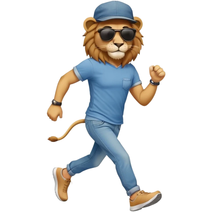 friendly anthropomorphised lion in jeans and a t-shirt, wearing dark sunglasses and a hat, jogging upright in relaxed pose emoji