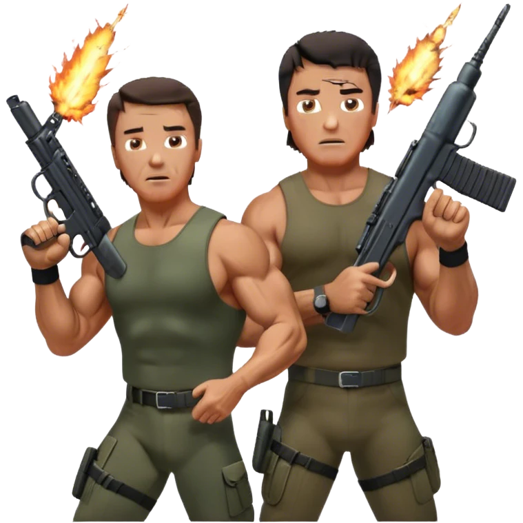 Icon for Action Movies: Close-up collage featuring Schwarzenegger in 'Commando' and  Stallone in 'Rambo', in bold poses. Background includes explosions, rockets flying, and machine guns. The style is reminiscent of a cinematic movie poster with intense, dramatic colors. Transparent background. emoji