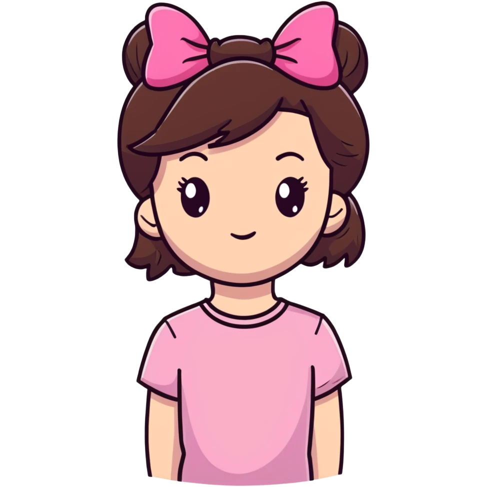 a girl with straight brown hair wearing a pink top with bow clip on hair emoji