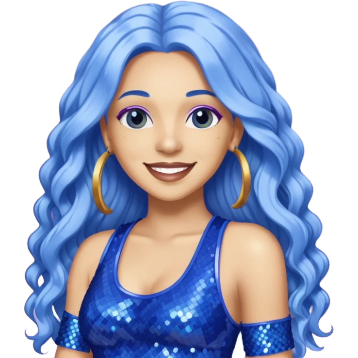 Spice, Dancehall Singer with long periwinkle hair, blue sequin outfit emoji