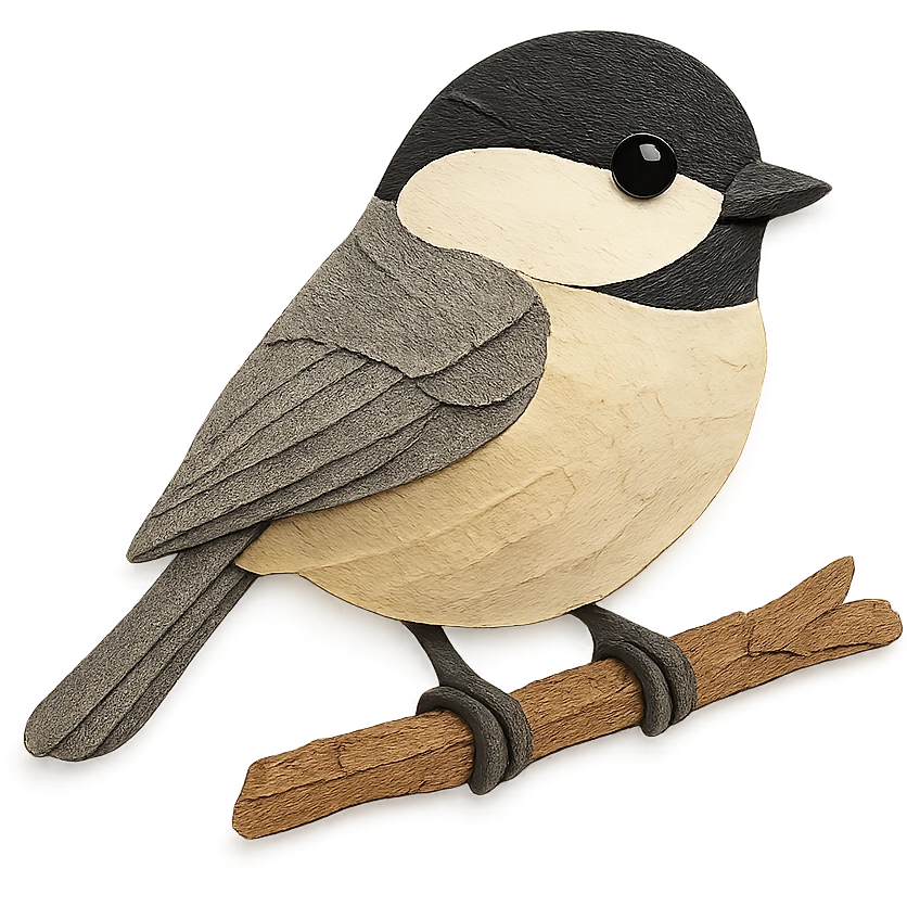 close-up of a chickadee perched on a tree branch, fine paper edges, subtle gray and buff markings emoji