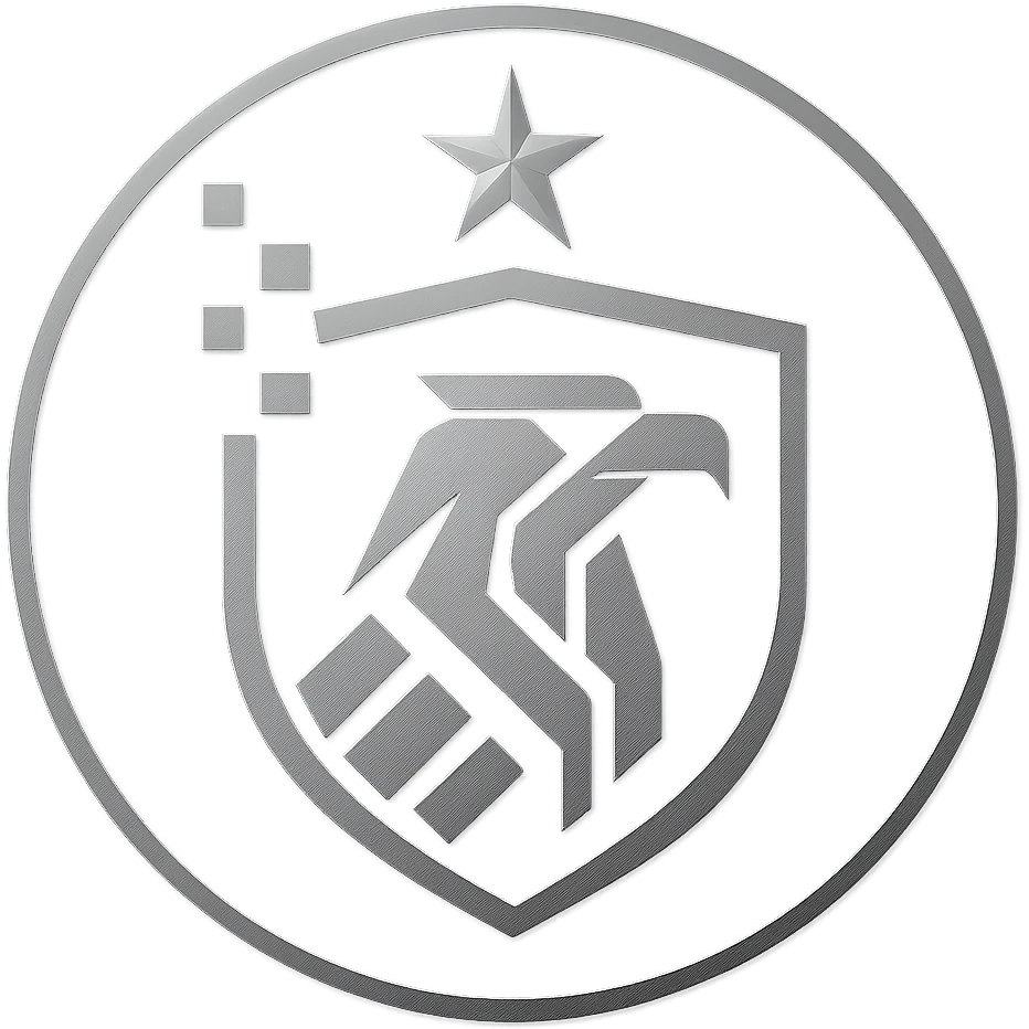 Place the logo inside a bold, modern circular badge. Maintain the minimal, futuristic, and authoritative style with dark blue, gray, and metallic silver colors. Ensure the design remains clean and recognizable at small sizes, with no background outside the circle. emoji