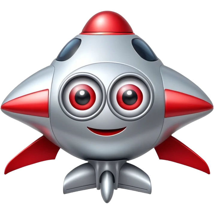A silver and red toy spaceship with big eyes and a smiling face emoji