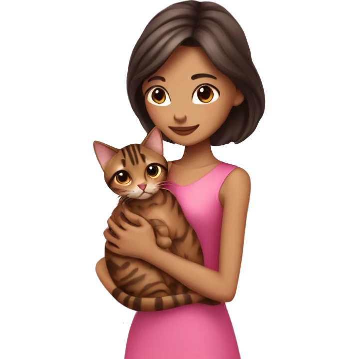 Beautiful skinny woman long dark brown hair in pink dress hug bengal cat emoji