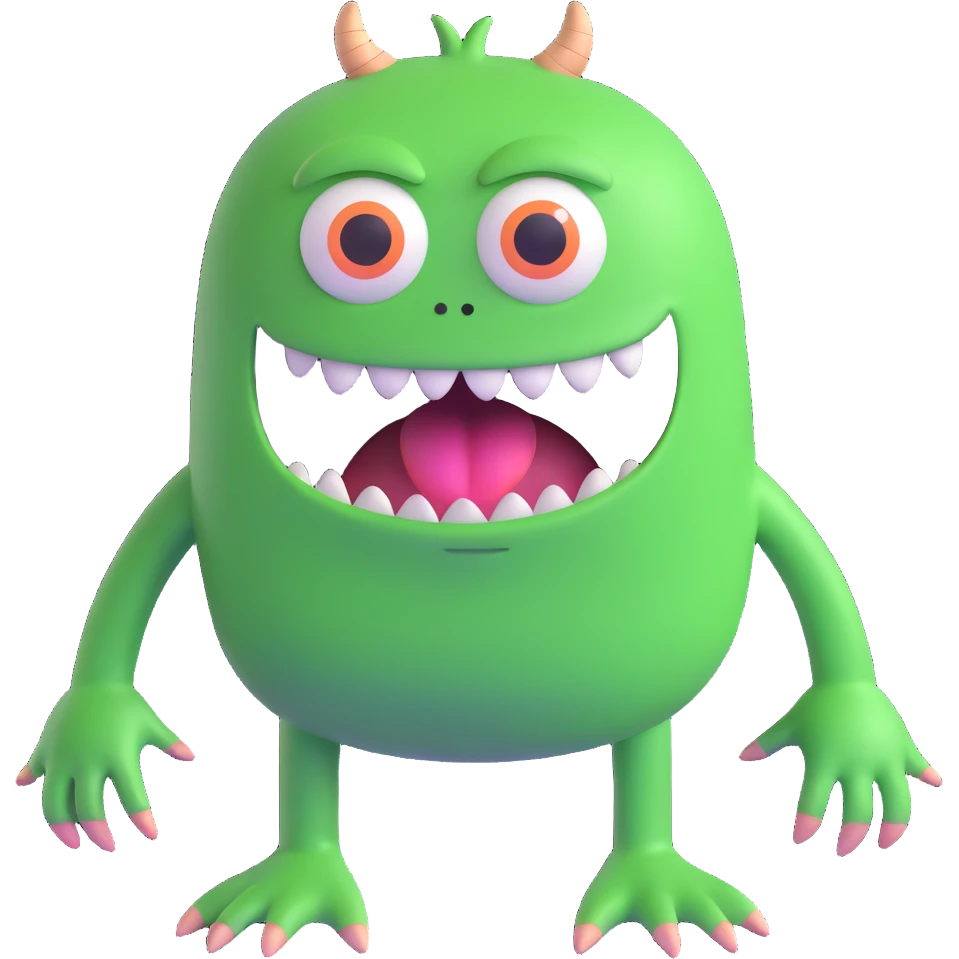 3D cartoon green monster, no teeth, playful expression emoji
