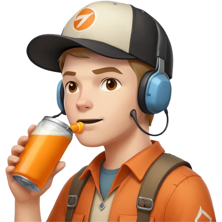 Team Fortress 2 Scout drinking BONK! Atomic Punch orange can, wearing headset and baseball cap, canonical appearance emoji
