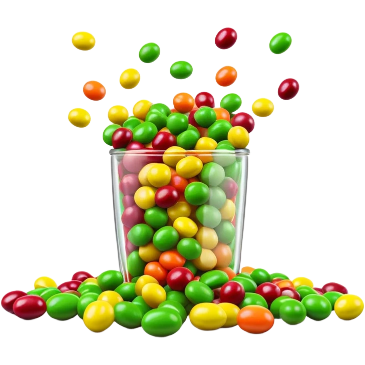 minimalist colorful Skittles candy pack with green candies spilling out emoji