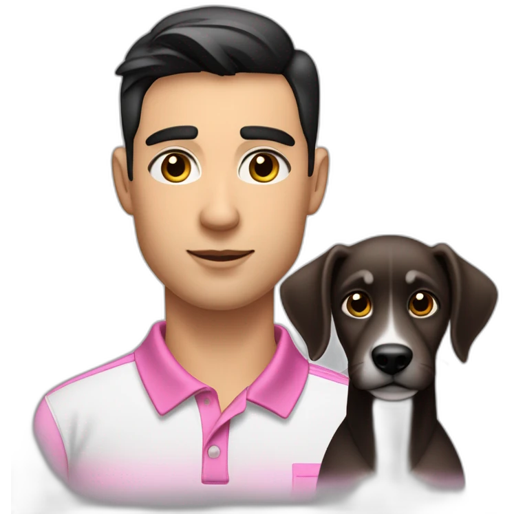 young handsome man with straight short dark hair and dark eyes with large eyelashes and plump pink lips protruding cheekbones in a sports polo shirt with a dog emoji