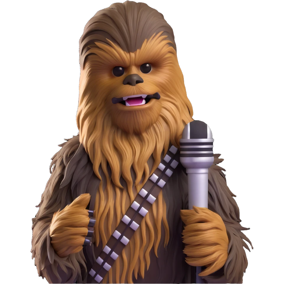 Chewbacca holding a microphone, close-up, detailed fur emoji