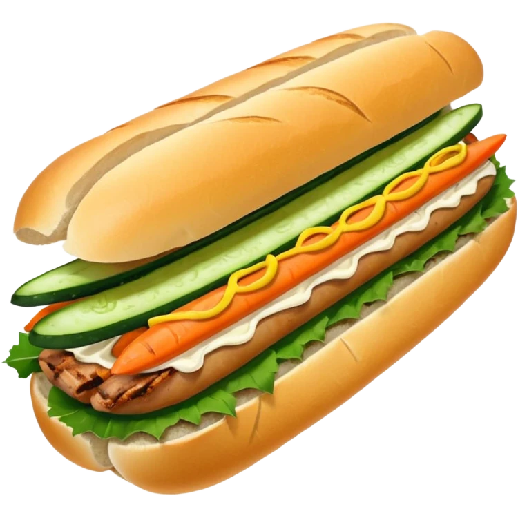 traditional banh mi with char grilled pork emoji 


    Very crusty baguette

    Mayo 

    Pickled carrot 

    Cucumber, coriander/cilantro, green onion, chilli 
 emoji