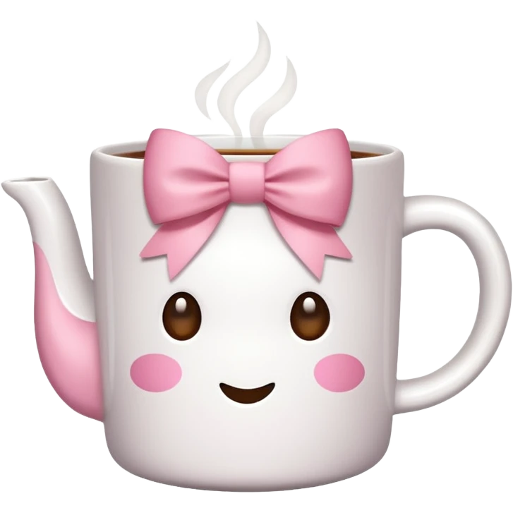A white mug with a pink bow that contains tea emoji