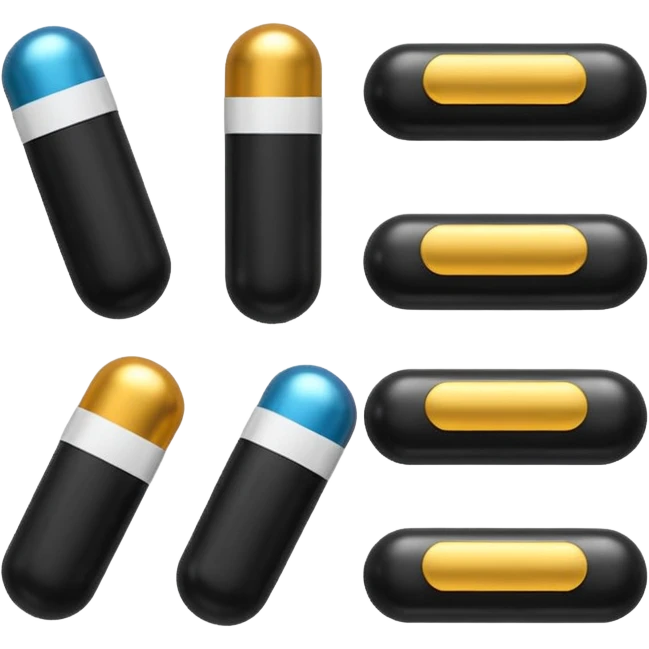 Minimalistic futuristic black medicine pills pack emoji, metallic black and white, reflective sleek surfaces, flat vector design, high-tech clean UI icon emoji