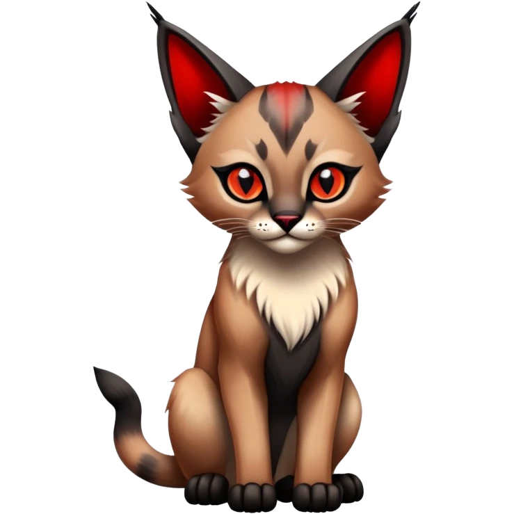 Gothic exotic Red and black and edgy and cute shiny Fantasy-Siamese-Bobcat-Caracal-Lykoi-feline-Fakémon-feline-hybrid (full body) emoji