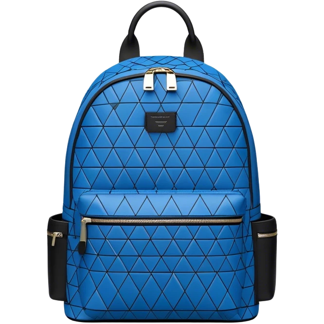 A stylish backpack, medium-sized, with a modern design in blue and black. It features a geometric pattern of subtle triangles across the front pocket, giving it a sleek yet dynamic look, front view emoji