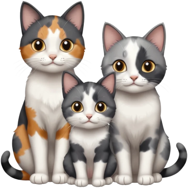 3 different coloured small cats including a dark grey and white, and a patchy calico and a completely solid dark grey with only white paws emoji