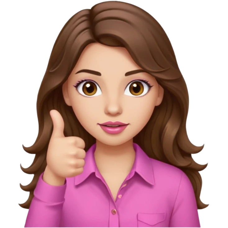 girl with long wavy brown hair, brown eyes, light to medium complexion, in a pink shirt, pink lips, long lashes, puckered lips, thumbs up emoji